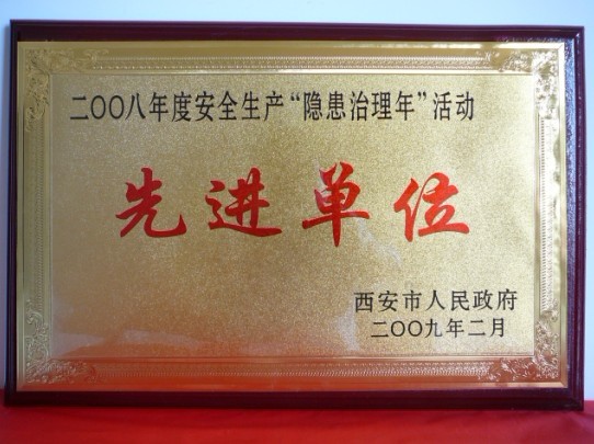 2009年2月，，被西安市人民政府评为2008年度清静生产“隐患治理年”活动先进单位